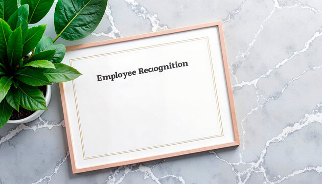 Employee recognition certificate on a marble background with a plant and copy space, bonuses and rewards theme 