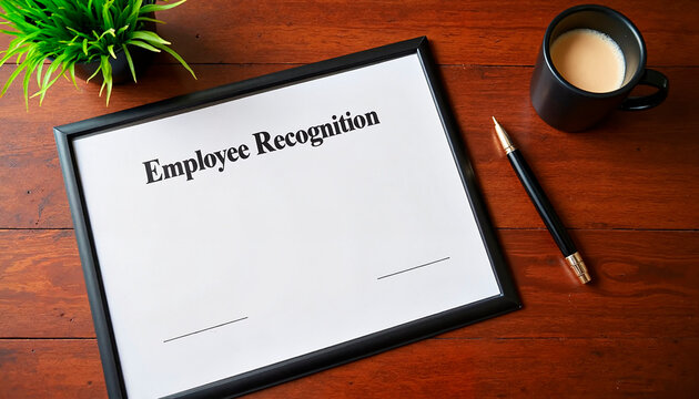 Employee recognition certificate on a wooden table with a cup of coffee and a plant, bonuses and rewards theme 