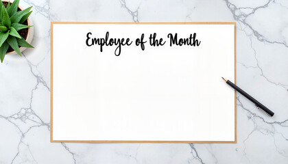Employee of the Month certificate template on a marble background with a plant and pen, bonuses and rewards theme 