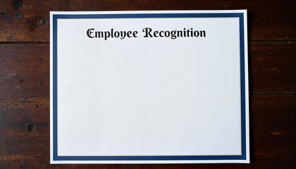 Blank employee recognition certificate on wooden table with copy space, bonuses and rewards theme 