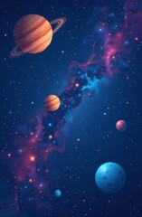 Naklejka premium A cartoon parade of colorful planets against the background of outer space. Vertical image. Wallpaper, screensaver, background, print