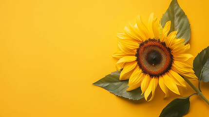 A beautiful sunflower with bright yellow petals and a dark brown center. The sunflower is set against a solid yellow background.