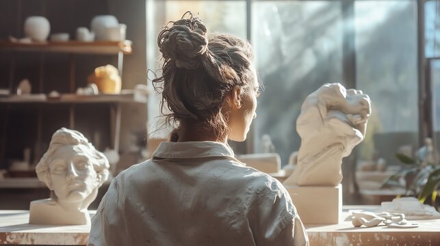 Artist contemplating sculptures in a sunlit studio, showcasing creativity and artistry. - Powered by Adobe