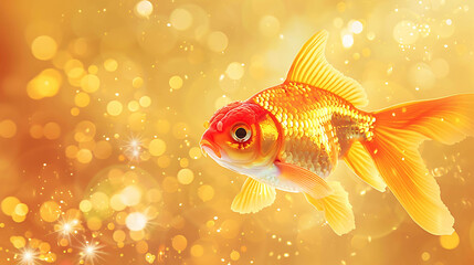 Fototapeta premium Beautiful orange goldfish swimming in a sparkling water with a golden background.