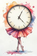 A surreal print of a watercolor clock whose hands dance to the rhythm of a ballet. Print for T-shirt, wallpaper, screensaver. invitations. High quality card.