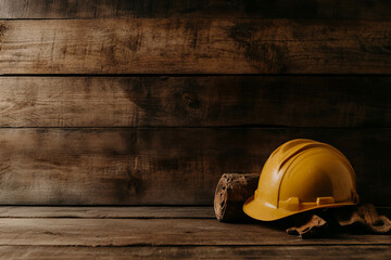 Yellow Hard Hat on Rustic Wooden Surface