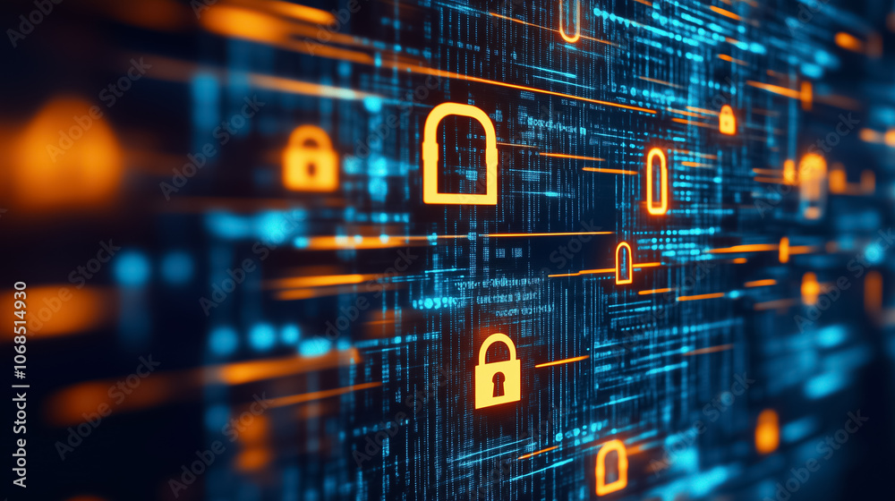 Poster dynamic digital art showcasing cybersecurity with glowing locks and abstract data on a dark backdrop