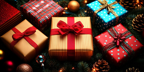 Holiday decorations. Festive Christmas decorations in vibrant colors, New Year celebrations