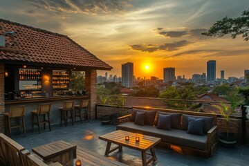 Fototapeta premium Stunning Rooftop View: Experience Sunset Bliss Over the City Skyline from a Serene Outdoor Lounge