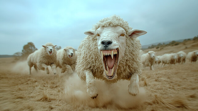 Sheep with wolf's teeth capable to protect itself: wolf in sheep's clothing concept