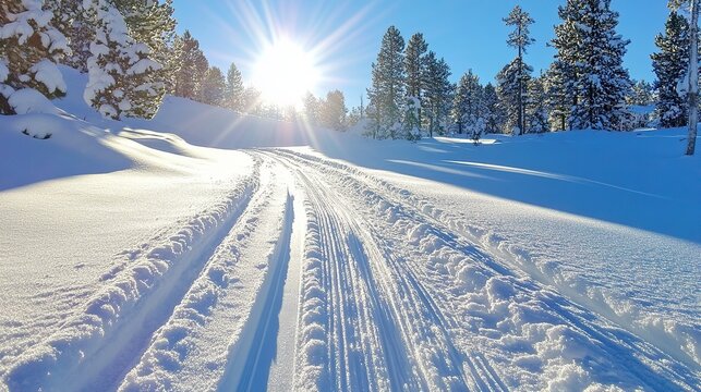 Landscape snowmobile track on a winter morning in a snowy forest