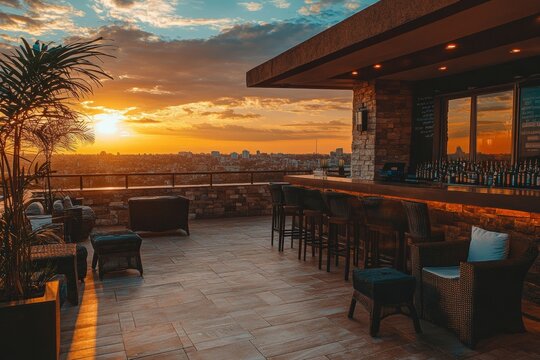 Elegant Rooftop Bar with Stunning Sunset Views Over the City: A Perfect Spot for Relaxation and Evening Gatherings