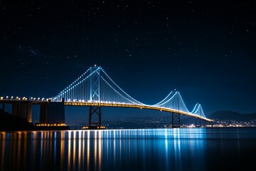 Obraz premium Radiant Reflections: The Stunning Beauty of a Nighttime Bridge Illuminated Against a Starry Sky