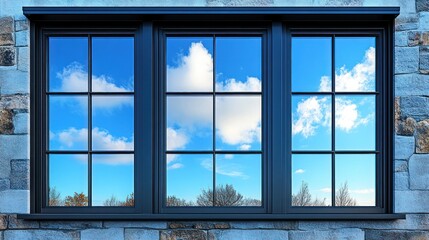 Naklejka premium A large rectangular window with smooth glass panels and black metal accents, isolated on a white background.