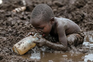 A young boy in Africa is drinking water from an old plastic bottle, his hands covered with mud and dirt as he drops the cap off of it to drink from the bottom © thiquynh
