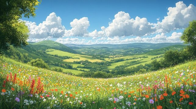 cartoon-style summer landscape illustrating rolling green hills, dotted with wildflowers under a bright blue sky, fluffy clouds floating gently, evoking a sense of peace and the beauty of nature