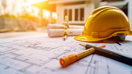 Construction plans and yellow hard hat on the table with blurred background of a house under construction.