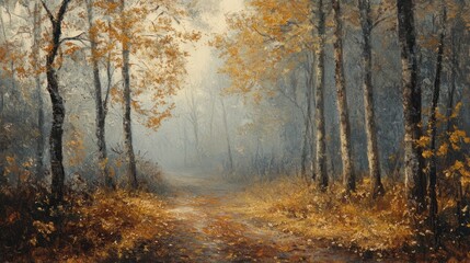 Obraz premium Foggy November forest path with golden leaves, creating a mysterious autumnal feel