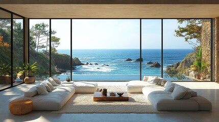 Fototapeta premium A luxurious bay window with floor-to-ceiling glass panels and panoramic views, shown on a white background.