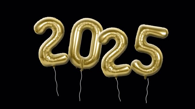 Black screen New Year 2025 gold foil balloons float around 3D rendering. 3D Illustration.
