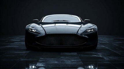 The front of a modern electric car is illuminated in a dark room, set against a stark black background.