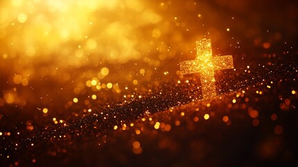 Fototapeta premium A golden cross shines with soft, warm light on a dark background.