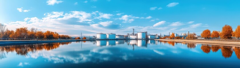 Naklejka premium Petrochemical Storage Tanks Along a Riverbank: Industrial Landscape and Environmental Impact