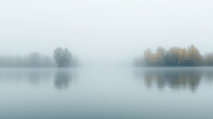 Morning fog over a calm lake with autumn trees, symbolizing November tranquility