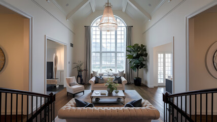 Fototapeta premium Bright and spacious modern living room with high ceilings, large windows, and elegant decor, featuring comfortable seating and a stylish coffee table, creating a welcoming atmosphere.