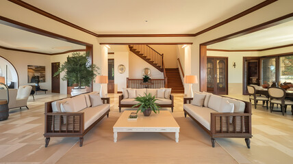 Fototapeta premium Stylish modern living room featuring comfortable seating, a central coffee table, elegant décor, and a staircase, creating a warm and inviting atmosphere for relaxation and gatherings.