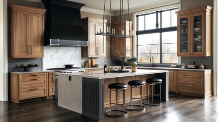 Modern Kitchen with Island, Stainless Steel Appliances, and Hardwood Floors