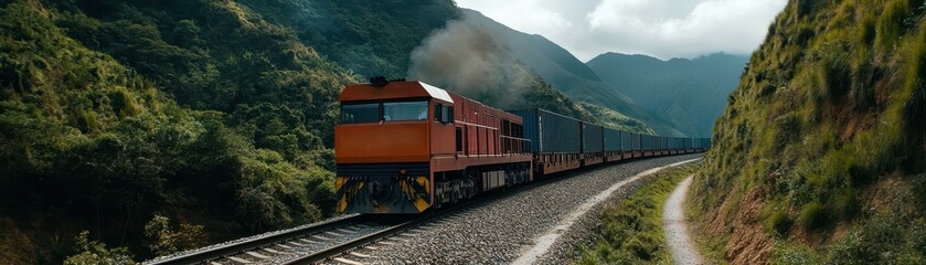 Freight train loaded with colorful containers traveling through a scenic landscape, symbolizing global trade and logistics.