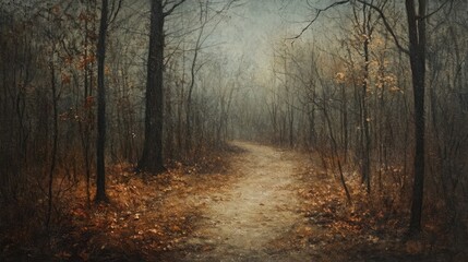 Fototapeta premium Path through a quiet November forest with bare trees and fallen leaves, capturing late autumn