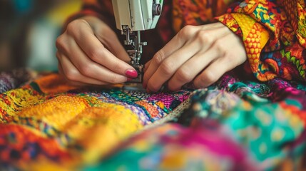 A Skilled tailor Crafting Unique Textiles,Sewing Machine Symphony: A Harmonious Creation.Concept of craftsmanship, bespoke tailoring, fashion design, textile industry.