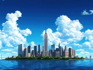 Fototapeta premium City skyline with tall buildings under a bright blue sky and fluffy white clouds.