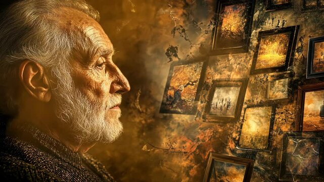 An elderly man with a long white beard gazes intently at a wall of framed paintings, each depicting a different scene from his life