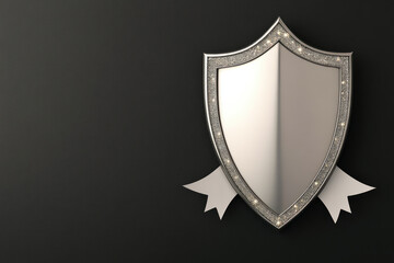 Silver-framed glass shield adorned with intricate metal heraldic emblems, featuring a decorative ribbon, symbolizes honor and tradition.