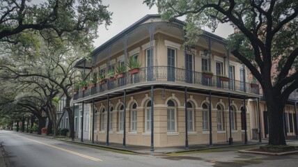 Obraz premium New Orleans Historic Building Balcony Architectural Details Overcast Sky Mossy Ground Stock Photo