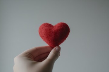 Fototapeta premium Hand Holding a Knitted Red Heart Symbolizing Love, Close-up of a hand holding a small red knitted heart, representing love, warmth, and affection in a simple, minimalist style.
