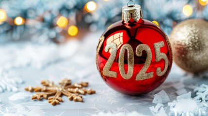 A festive red ornament reads 2025, surrounded by holiday decorations and soft lights during winter celebrations