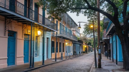 Obraz premium New Orleans French Quarter Street Scene with Architectural Details and Yellow Streetlights
