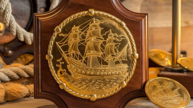 Golden doubloon with sea monster engravings, mounted on wooden plaque, nautical rope backdrop, treasure collection, for historical illustrations, with copy space