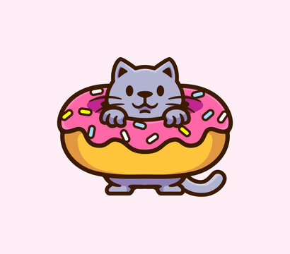 Gray Cat Relaxing Inside a Colorful Pink Frosted Donut with Sprinkles, Perfect for Pet Lovers and Dessert Enthusiasts Adorable Cartoon Illustration