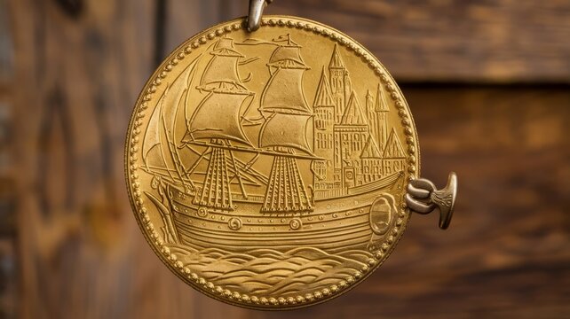 Golden doubloon coin with ship and castle designs on wooden surface, ideal for treasure hunt themed graphics or educational content