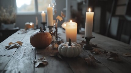 Pumpkins and candles on a rustic table, representing the warmth and coziness of November