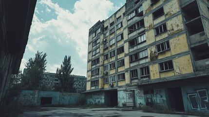 Obraz premium Decaying multi-story building with peeling paint and graffiti, symbolizing urban abandonment