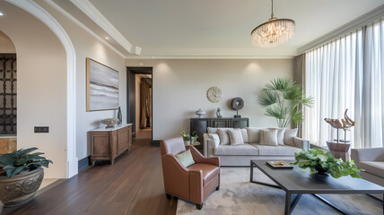 Fototapeta premium Elegant modern living room featuring a cozy sofa, stylish armchair, decorative plants, and large windows that bring in natural light. A blend of comfort and sophistication in interior design.