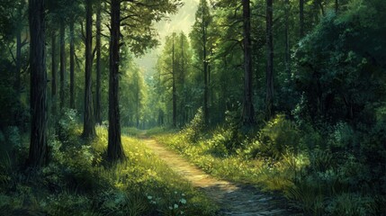 Forest Trail Serenity, a tranquil pathway meandering through lush green trees, inviting exploration and reflection in nature's embrace