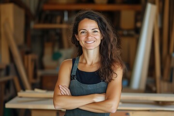 A young woman with a warm smile stands with folded arms in a busy woodshop, surrounded by wood and tools