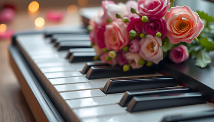 flat lay Closeup piano key on a wooden table with selective focus, and a bouquet of flowers, creative holiday, congratulation, music festival, performance, valentines day, love isolated with white h